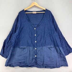 Linnea Blouse Womens XL Blue Button Front Gingham Linen Oversized Lagenlook USA
